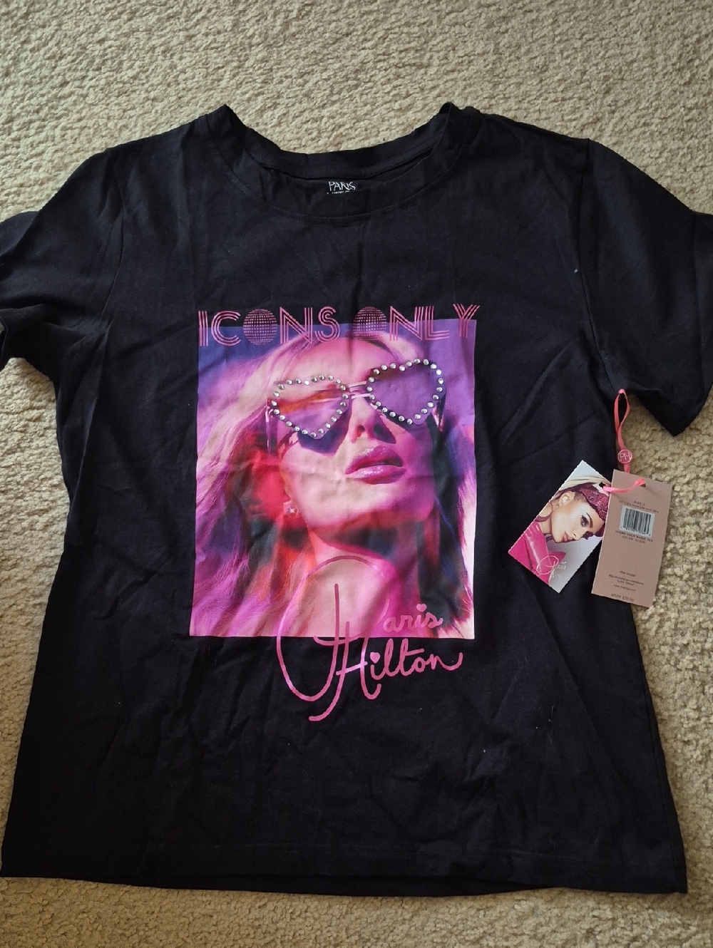 Paris Hilton Black Tee with Pink and Purple Portrait Graphic
